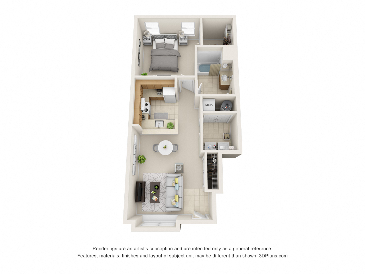 Floor plan for 1 bed, 1 bath, 734 sqft
